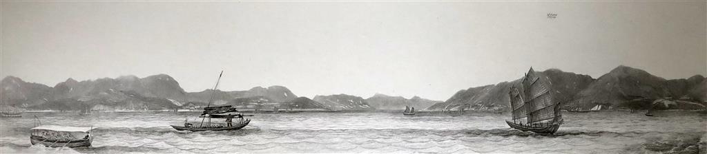 Hong Kong views, three engravings after Lieut. L.G.Heath of HMS Iris largest plate mark 24.5 x 78.5cm(two unframed)